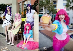 Size: 1776x1260 | Tagged: safe, artist:juju-gurl, artist:melfinacosplay, artist:twinklebatcosplay, artist:yayacosplay, derpibooru import, fluttershy, pinkie pie, rarity, twilight sparkle, human, clothes, cosplay, costume, cupcake, food, hand on hip, image, irl, irl human, jpeg, photo