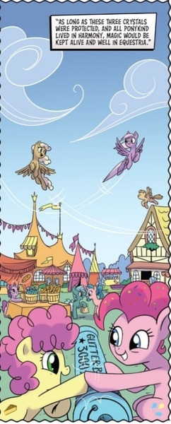 Size: 372x921 | Tagged: safe, derpibooru import, idw, li'l cheese, pinkie pie, earth pony, pegasus, pony, unicorn, my little pony: a new generation, the last problem, spoiler:comic, spoiler:g5comic, spoiler:g5comic02, colt, female, filly, foal, g5, image, jpeg, male, older, older pinkie pie