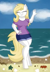 Size: 700x1000 | Tagged: safe, derpibooru import, oc, anthro, crab, earth pony, turtle, unguligrade anthro, anthro oc, beach, clothes, female, friedrich911, image, ocean, png, shorts, summer, susanne, water