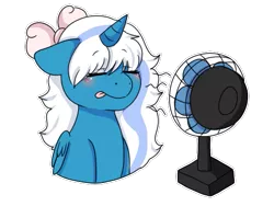 Size: 545x410 | Tagged: safe, artist:cute-little-star97, derpibooru import, oc, oc:fleurbelle, unofficial characters only, alicorn, pony, alicorn oc, blushing, bow, breeze, electric fan, eyebrows, eyebrows visible through hair, eyes closed, female, floppy ears, folded wings, hair bow, horn, image, mare, outline, panting, png, simple background, solo, tongue out, transparent background, white outline, wings