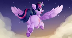 Size: 4096x2160 | Tagged: safe, artist:andelai, derpibooru import, twilight sparkle, twilight sparkle (alicorn), alicorn, pony, butt, cloud, female, flying, happy, image, looking back, open mouth, open smile, plot, png, sky, smiling, solo, stars, twibutt, underhoof, wings