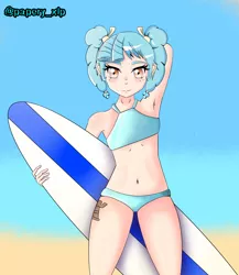 Size: 2307x2661 | Tagged: safe, artist:papery xlp, derpibooru import, cozy glow, human, arm behind head, armpits, belly button, bikini, clothes, cutie mark on human, female, humanized, image, jpeg, looking at you, solo, surfboard, swimsuit