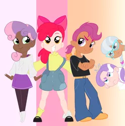 Size: 1777x1792 | Tagged: safe, artist:aztrial, derpibooru import, apple bloom, diamond tiara, scootaloo, silver spoon, sweetie belle, human, blackwashing, boots, braided ponytail, clothes, cutie mark crusaders, dark skin, diamond tiara is not amused, eyeshadow, glasses, human coloration, humanized, image, jeans, loose fitting clothes, makeup, mary janes, mismatched socks, overalls, pants, png, ponytail, shirt, shoes, silver spoon is not amused, skirt, socks, sweater, t-shirt, tan skin, tomboy, unamused