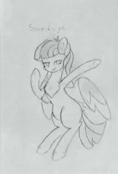 Size: 2344x3449 | Tagged: safe, artist:sodapop sprays, derpibooru import, oc, oc:sourdough, unofficial characters only, pegasus, pony, chest fluff, ear, female, fluffy, flying, image, jpeg, mane, mare, pegasus oc, sextuplet, solo, tail, traditional art, wings