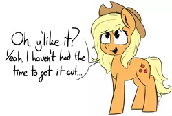 Size: 1998x1351 | Tagged: safe, artist:pinkberry, derpibooru import, applejack, earth pony, pony, alternate hairstyle, colored sketch, doodle, female, image, loose hair, mare, png, speech, talking, text