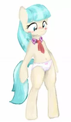 Size: 807x1379 | Tagged: suggestive, artist:seidouryu, derpibooru import, coco pommel, earth pony, pony, belly button, bipedal, blushing, cameltoe, clothes, female, image, jpeg, mare, panties, solo, underwear