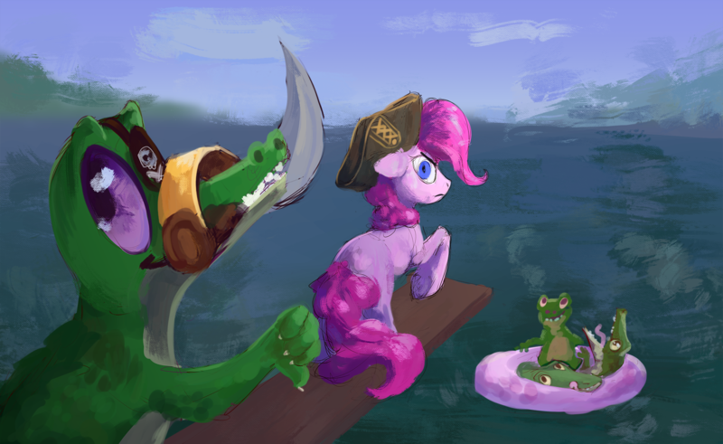 Size: 2000x1227 | Tagged: safe, artist:yarugreat, derpibooru import, gummy, pinkie pie, alligator, earth pony, pony, angry, betrayal, cutlass, eyepatch, female, hat, image, looking back, mare, mouth hold, ocean, pirate, pirate hat, pirate pinkie pie, png, sword, thumbs down, walking the plank, water, weapon