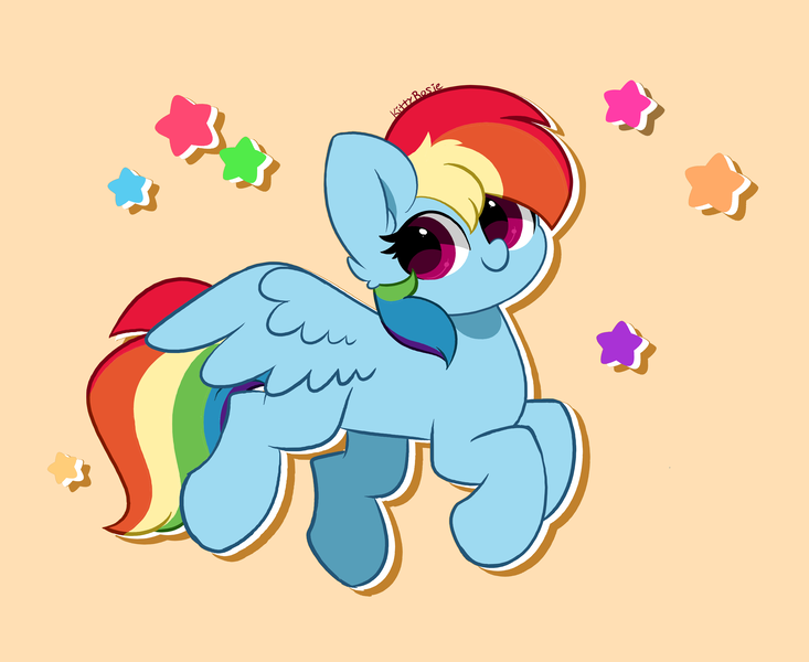 Size: 5411x4432 | Tagged: safe, artist:kittyrosie, edit, editor:edits of hate, rainbow dash, pegasus, pony, absurd resolution, female, flying, image, mare, png, simple background, solo, stars, yellow background