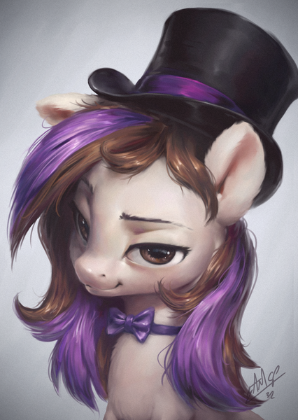 Size: 766x1080 | Tagged: safe, artist:assasinmonkey, derpibooru import, oc, oc:bowtie, unofficial characters only, earth pony, pony, earth pony oc, eyelashes, hat, image, necktie, png, signature, smiling, solo, top hat