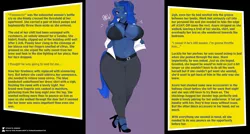 Size: 5991x3200 | Tagged: suggestive, artist:kekbun, derpibooru import, editor:meta breakers, part of a set, oc, oc:azure moonlight, unofficial characters only, anthro, anthro oc, big breasts, bra, breasts, butt, clothes, disproportional anatomy, exposed belly, female, formal wear, high heels, huge breasts, huge butt, human facial structure, image, impossibly large breasts, large butt, png, shoes, solo, solo female, story, story included, underwear, wide hips, writer:meta breakers, writer:outback canadian