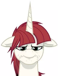 Size: 305x400 | Tagged: safe, derpibooru import, oc, oc:fausticorn, unofficial characters only, alicorn, pony, bust, female, floppy ears, frown, horn, image, lauren faust, mare, png, simple background, unamused, white background