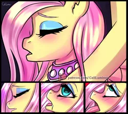 Size: 2568x2295 | Tagged: suggestive, artist:cali luminos, derpibooru import, fluttershy, anthro, pegasus, ahegao, blushing, collar, commission, drool, eyes closed, eyes rolling back, image, implied sex, jpeg, offscreen character, offscreen human, open mouth, public, raised arms, slut, sluttershy, tongue out, ych example, your character here
