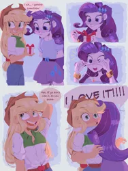 Size: 3072x4096 | Tagged: safe, artist:dreamz, derpibooru import, applejack, rarity, equestria girls, blushing, female, happy, hug, image, jewelry, lesbian, necklace, png, present, rarijack, shipping, smiling, surprised