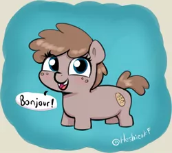 Size: 1439x1281 | Tagged: safe, artist:heretichesh, derpibooru import, oc, unofficial characters only, earth pony, pony, bonjour, female, filly, foal, gratuitous french, image, jpeg, looking at you, open mouth, open smile, signature, smiling, smiling at you, solo, tooth gap, traditional art