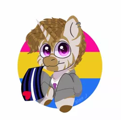 Size: 1640x1639 | Tagged: safe, artist:bluemoon, derpibooru import, oc, hybrid, unicorn, zony, bondage pride flag, business suit, chibi, clothes, ear piercing, hybrid oc, image, jpeg, looking at you, mouth hold, necktie, pansexual pride flag, piercing, pride, pride flag, pride month, rubber pride flag, simple background, white background, zony oc