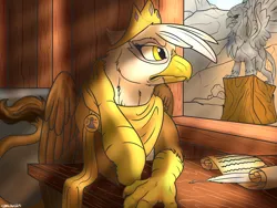 Size: 2000x1500 | Tagged: safe, artist:backlash91, derpibooru import, gilda, gryphon, fanfic:the 8th rank, clothes, crown, fanfic art, hand on neck, image, jewelry, looking out the window, parchment, png, princess gilda, quill, regalia, royalty, scarf, scroll, statue