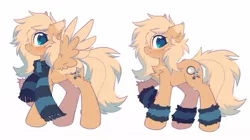 Size: 1161x651 | Tagged: safe, artist:mirtash, derpibooru import, oc, oc:mirta whoowlms, unofficial characters only, earth pony, pegasus, pony, clothes, image, jpeg, scarf, simple background, solo, striped scarf, white background