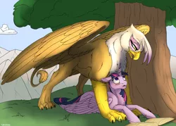 Size: 2000x1434 | Tagged: safe, artist:backlash91, derpibooru import, gilda, twilight sparkle, twilight sparkle (alicorn), alicorn, gryphon, pony, blushing, book, cloud, duo, duo female, female, floppy ears, fluffy, grass, image, lesbian, looking at each other, lying down, mare, mountain, muscles, open mouth, png, reading, rippda, shipping, size difference, sky, spread wings, standing, this will end in snu snu, tree, twilda, wings