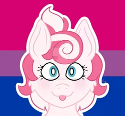 Size: 1280x1195 | Tagged: safe, artist:cherrycandi, derpibooru import, oc, oc:candy care, unofficial characters only, pegasus, pony, bisexual pride flag, blushing, bust, cheek fluff, cute, deviantart watermark, female, front view, icon, image, jpeg, obtrusive watermark, ponytail, portrait, pride, pride flag, solo, tongue out, watermark, wingless