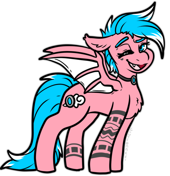 Size: 1290x1335 | Tagged: safe, artist:sexygoatgod, derpibooru import, oc, unofficial characters only, bat pony, image, jewelry, necklace, one eye closed, png, solo, tattoo, wink