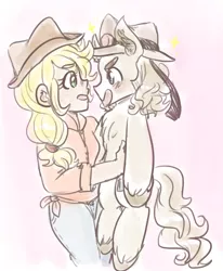 Size: 1171x1419 | Tagged: safe, artist:mimiporcellini, derpibooru import, applejack, ponified, human, pony, colored sketch, crossover, crossover shipping, hol horse, holding a pony, holjack, humanized, image, jojo's bizarre adventure, png, shipping, species swap