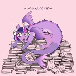 Size: 1080x1080 | Tagged: safe, artist:anoraknr, derpibooru import, twilight sparkle, draconequus, book, book nest, bookhorse, bookworm, draconequified, emanata, forked tongue, image, jpeg, pile of books, pun, solo, species swap, tongue out, twikonequus, visual pun