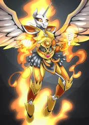 Size: 2171x3070 | Tagged: safe, artist:mysticalpha, derpibooru import, daybreaker, alicorn, anthro, armor, armor skirt, clothes, female, grin, high res, image, mane of fire, png, skirt, smiling, solo, spread wings, wings