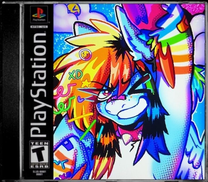 Size: 923x807 | Tagged: safe, artist:arcadeichu, derpibooru import, rainbow dash, pegasus, pony, alternate hairstyle, bandaid, bandaid on nose, choker, dyed mane, female, image, jpeg, playstation, scene kid, solo, spiked choker