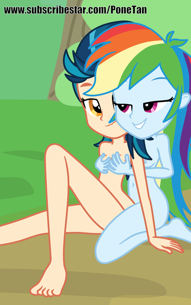 Size: 2500x4000 | Tagged: questionable, artist:cloppy hooves, ponybooru import, indigo zap, rainbow dash, equestria girls, breast grab, breasts, female, grope, image, indigodash, lesbian, nipples, nudity, png, shipping, show accurate