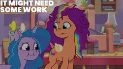 Size: 1280x720 | Tagged: safe, derpibooru import, edit, edited screencap, editor:quoterific, screencap, izzy moonbow, sunny starscout, pegasus, pony, unicorn, my little pony: tell your tale, spoiler:g5, spoiler:my little pony: tell your tale, spoiler:tyts01e14, alicorn issues, duo, female, g5, image, jpeg, mare, pegasus sunny starscout, race swap, smiling, text