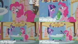 Size: 1280x720 | Tagged: safe, derpibooru import, edit, edited screencap, editor:quoterific, screencap, gummy, pinkie pie, twilight sparkle, alligator, earth pony, pony, unicorn, feeling pinkie keen, season 1, bath, bathroom, female, grin, image, jpeg, male, mare, mouth hold, open mouth, smiling, text, trio, unicorn twilight, wet, wet mane