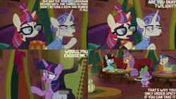 Size: 1280x720 | Tagged: safe, derpibooru import, edit, edited screencap, editor:quoterific, screencap, first folio, moondancer, pretzel twist, say cheese, spike, twilight sparkle, twilight sparkle (alicorn), alicorn, dragon, pony, unicorn, season 9, the point of no return, spoiler:s09, bag, female, glasses, image, jpeg, mare, one eye closed, open mouth, open smile, saddle bag, smiling, text, tray, winged spike, wings