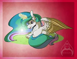Size: 2600x2000 | Tagged: safe, artist:will-owl-the-wisp, derpibooru import, princess celestia, alicorn, pony, female, glow, glowing horn, horn, image, jpeg, lying down, mare, prone, solo, summer solstice, sun