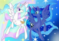 Size: 1200x830 | Tagged: safe, artist:stacy_165cut, derpibooru import, princess celestia, princess luna, alicorn, pony, duo, duo female, female, horn, image, jpeg, mare, royal sisters, siblings, sisters, spread wings, wings