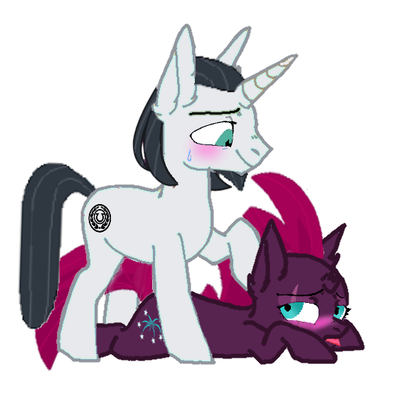 Size: 554x554 | Tagged: safe, artist:decokenite, derpibooru import, chancellor neighsay, fizzlepop berrytwist, tempest shadow, pony, unicorn, blushing, clothes removed, commission, cute, female, image, looking at someone, male, mare, petting, playing, png, shipping, simple background, stallion, straight, sweat, tempest neighsay, tongue out, white background, ych result, your character here