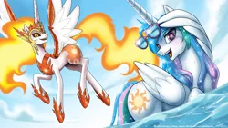 Size: 2000x1125 | Tagged: safe, artist:johnjoseco, derpibooru import, daybreaker, princess celestia, alicorn, pony, cute, cutelestia, duo, female, flying, image, mare, open mouth, png, self paradox, self ponidox, sunglasses, water