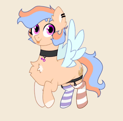 Size: 1200x1186 | Tagged: safe, artist:angie imagines, derpibooru import, oc, oc:cool ginger, unofficial characters only, pegasus, pony, :p, animated, beanbrows, beige background, chest fluff, choker, clothes, colored wings, ear fluff, ear piercing, earring, eyebrows, femboy, flying, full body, garter belt, gif, hooves, image, jewelry, loop, male, mismatched socks, multicolored hair, pegasus oc, piercing, pink eyes, simple background, socks, solo, spread wings, striped socks, tail, tongue out, transgender, two toned mane, two toned tail, wings