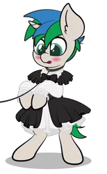 Size: 4725x7678 | Tagged: safe, artist:veeayydee, derpibooru import, oc, oc:star logic, unofficial characters only, pony, unicorn, absurd resolution, bipedal, blushing, clothes, collar, crossdressing, ear fluff, full body, horn, image, maid, male, png, shadow, simple background, solo, stallion, standing, transparent background, two toned mane, unicorn oc