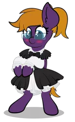 Size: 4725x7678 | Tagged: safe, artist:veeayydee, derpibooru import, oc, oc:purple creativity, unofficial characters only, pegasus, pony, absurd resolution, bipedal, blushing, clothes, ear fluff, female, full body, glasses, image, maid, mare, pegasus oc, png, shadow, simple background, smiling, solo, standing, transparent background, wings