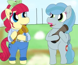 Size: 6048x5036 | Tagged: safe, derpibooru import, torque wrench, oc, earth pony, pegasus, pony, bipedal, clothes, cutie mark, cutie mark on clothes, duo, duo female, eazy bake, female, image, lipstick, makeup, png