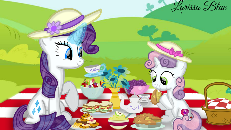Size: 1280x720 | Tagged: safe, artist:mlplary6, derpibooru import, rarity, sweetie belle, pony, unicorn, eating, female, filly, flower, foal, food, hat, image, mare, picnic, png, siblings, sisters, smiling