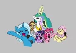 Size: 930x651 | Tagged: safe, artist:kabayo, derpibooru import, applejack, fluttershy, pinkie pie, princess celestia, trixie, twilight sparkle, alicorn, earth pony, pegasus, pony, unicorn, aggie.io, eyes closed, female, floppy ears, folded wings, frown, glow, glowing horn, gray background, hat, horn, image, karaoke, magic, magic aura, mare, microphone, open mouth, png, raised hoof, simple background, singing, smiling, spread wings, sweat, telekinesis, wings