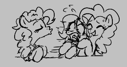 Size: 260x137 | Tagged: safe, artist:kabayo, derpibooru import, cheese sandwich, pinkie pie, oc, oc:hattsy, earth pony, pony, aggie.io, crying, distressed, earth pony oc, eyes closed, female, gray background, grayscale, image, kissing, lowres, mare, monochrome, open mouth, png, scared, screaming, simple background, smiling