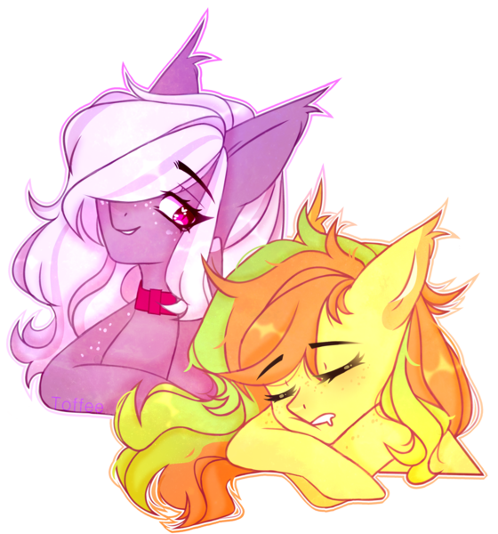 Size: 1920x2057 | Tagged: safe, artist:toffeelavender, derpibooru import, oc, unofficial characters only, pony, duo, female, hair over one eye, image, mare, png, simple background, sleeping, transparent background