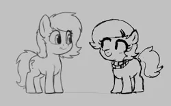 Size: 378x234 | Tagged: safe, artist:kabayo, artist:smoldix, derpibooru import, oc, oc:anonfilly, unofficial characters only, earth pony, pony, aggie.io, earth pony oc, female, filly, gray background, grayscale, image, looking at each other, looking at someone, lowres, monochrome, png, simple background, smiling