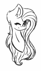 Size: 750x1280 | Tagged: safe, artist:prettyshinegp, derpibooru import, oc, unofficial characters only, earth pony, pony, bust, ear fluff, earth pony oc, image, lineart, monochrome, one eye closed, png, simple background, smiling, white background, wink