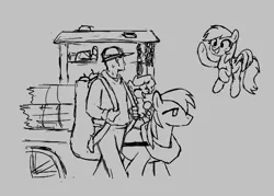 Size: 548x392 | Tagged: safe, artist:kabayo, derpibooru import, big macintosh, rainbow dash, oc, oc:anon, earth pony, human, pegasus, pony, aggie.io, backpack, cart, eyes closed, female, flying, grayscale, happy, hat, hay, horse collar, human male, human oc, image, male, mare, monochrome, open mouth, png, simple background, smiling, spread wings, stallion, sweat, walking, waving, wings