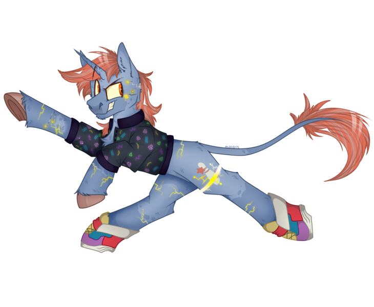 Size: 2800x2300 | Tagged: safe, artist:molars, derpibooru import, oc, oc:tenpin, classical unicorn, cyborg, pony, unicorn, '90s, augmentation, augmented, clothes, cloven hooves, cyber, cyberpunk, dynamic pose, image, leonine tail, png, raised eyebrow, shading, shoes, simple background, smiling, smug, sneakers, solo, teeth, transparent background, unshorn fetlocks