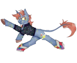 Size: 2800x2300 | Tagged: safe, artist:molars, derpibooru import, oc, oc:tenpin, classical unicorn, cyborg, pony, unicorn, '90s, augmentation, augmented, clothes, cloven hooves, cyber, cyberpunk, dynamic pose, image, leonine tail, png, raised eyebrow, shading, shoes, simple background, smiling, smug, sneakers, solo, teeth, transparent background, unshorn fetlocks