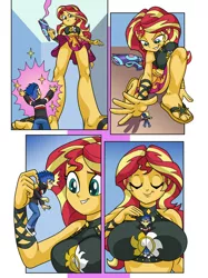 Size: 1024x1366 | Tagged: suggestive, artist:art-2u, derpibooru import, flash sentry, sunset shimmer, equestria girls, beach shorts swimsuit, between breasts, breasts, clothes, feet, female, image, jpeg, larger female, male, micro, midriff, ray gun, sandals, sarong, schrödinger's pantsu, shrinking, size difference, smaller male, swimsuit